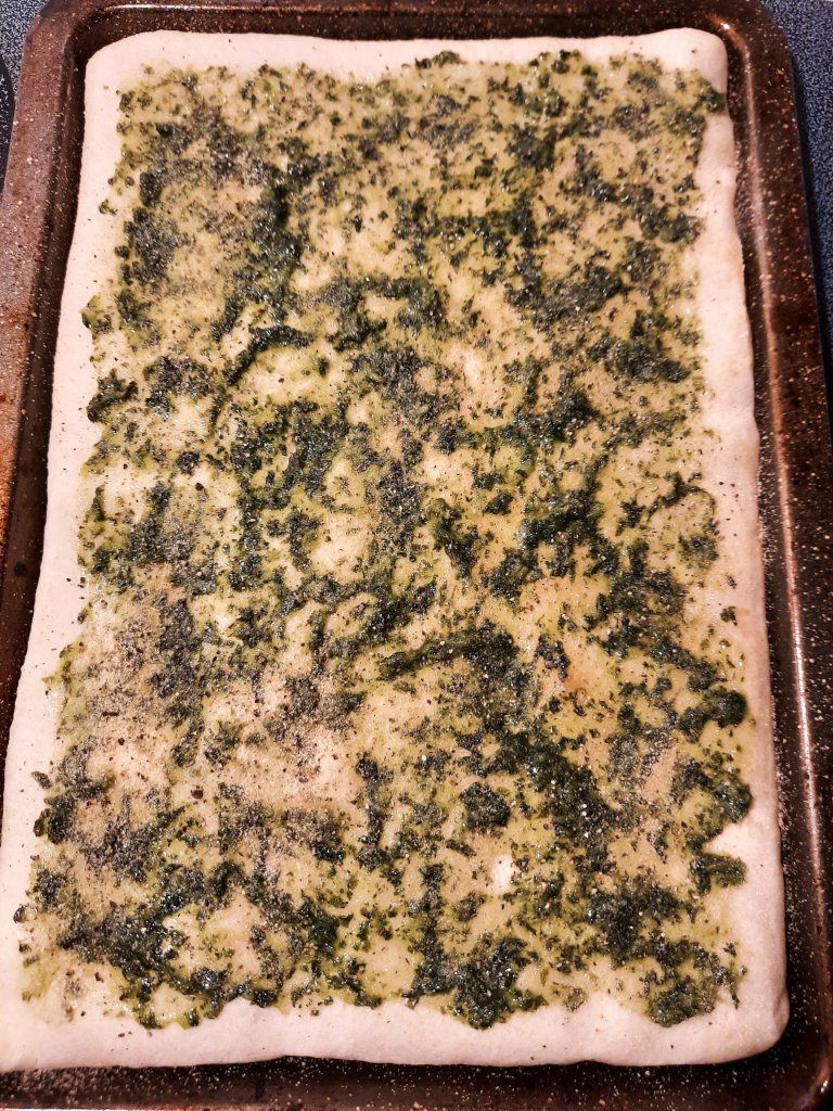 Recipe: Vegetarian Pizza with Basil Paste, Mixed Greens, Bell Peppers, Onions, and more