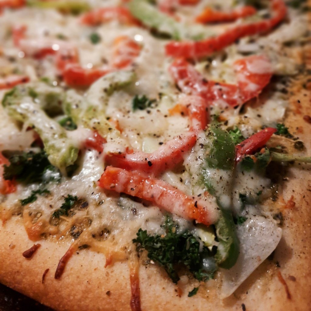 Recipe: Vegetarian Pizza with Basil Paste, Mixed Greens, Bell Peppers, Onions, and more