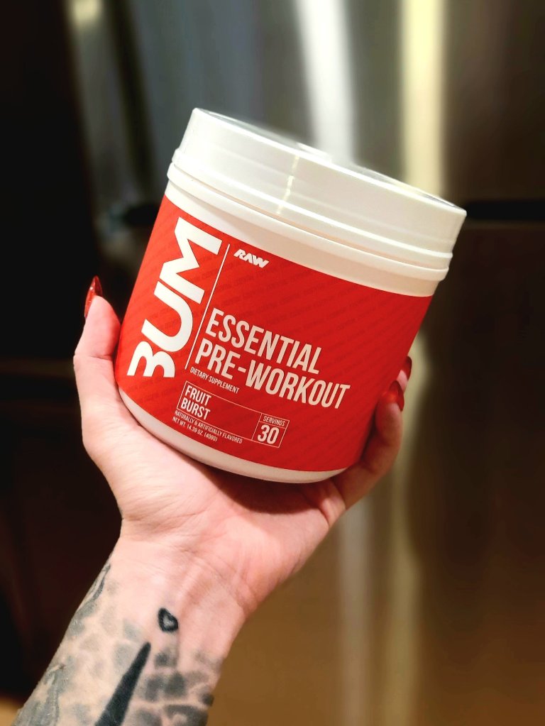 Raw nutrition essential pre workout powder fruit burst flavor 30 servings, Kae Audhild tattooed fitness hand foot alt fashion model, caffeine stimulant product reviews, adhd and pre workout superhuman strength, crazy jitters, caution, best health supplements, Amazon influencer