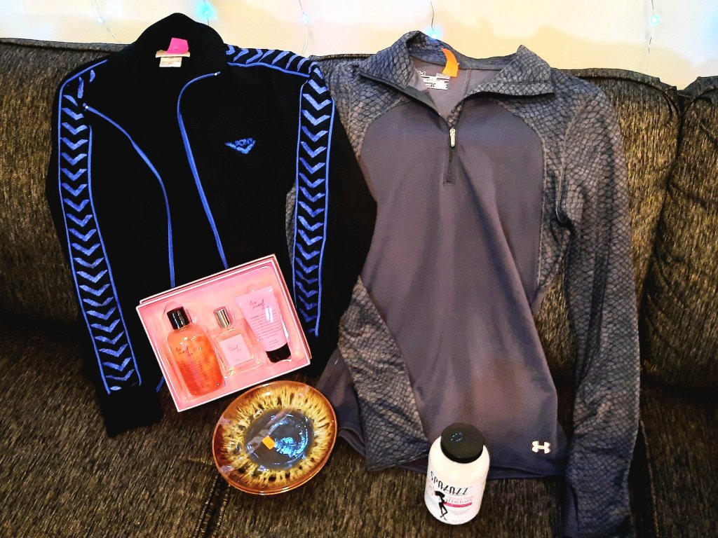 Kae Audhild end of November thrift haul- Philosophy love sweet love gift sweet body wash, perfume and body butter, beautiful watercolor dishes that look like hazel eyes, Pony black with blue glitter logo accents track jacket, under armour grey cold gear women's long sleeve fitted zip neck thermal top, spazazz skinny soak therapy natural spa and bath aromatherapy crystals