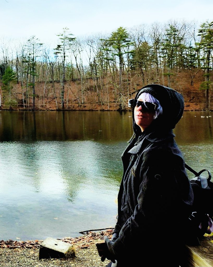 Kae Audhild hiking at Chenango Valley State Park in upstate New York, NY outdoors activities, autumn hikes, fitness fashion activewear model 5'10" 70in height 120lbs weight,  American Thanksgiving day November 2023, alternative lifestyle blogger, alt goth punk industrial tattooed pierced girl with smoky blue periwinkle hair, self care Sunday 