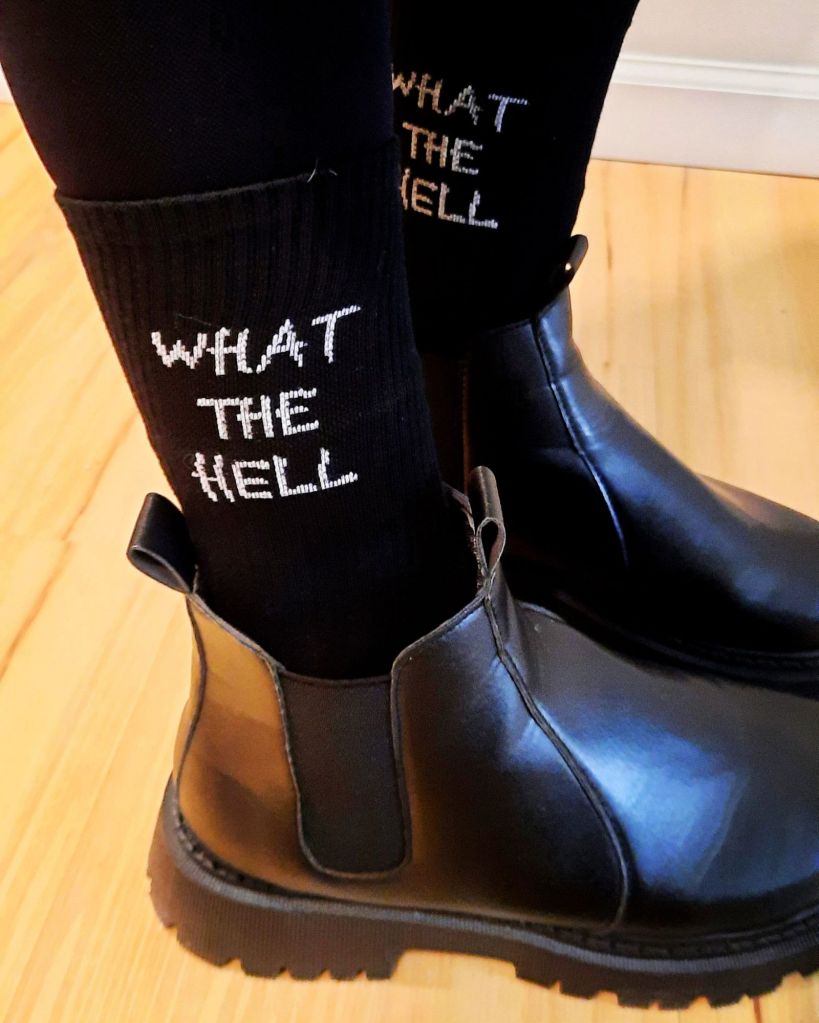 Black what the hell crew socks and Chelsea boots from Shein - footwear model Kae Audhild - alt goth punk fashion style blogger 