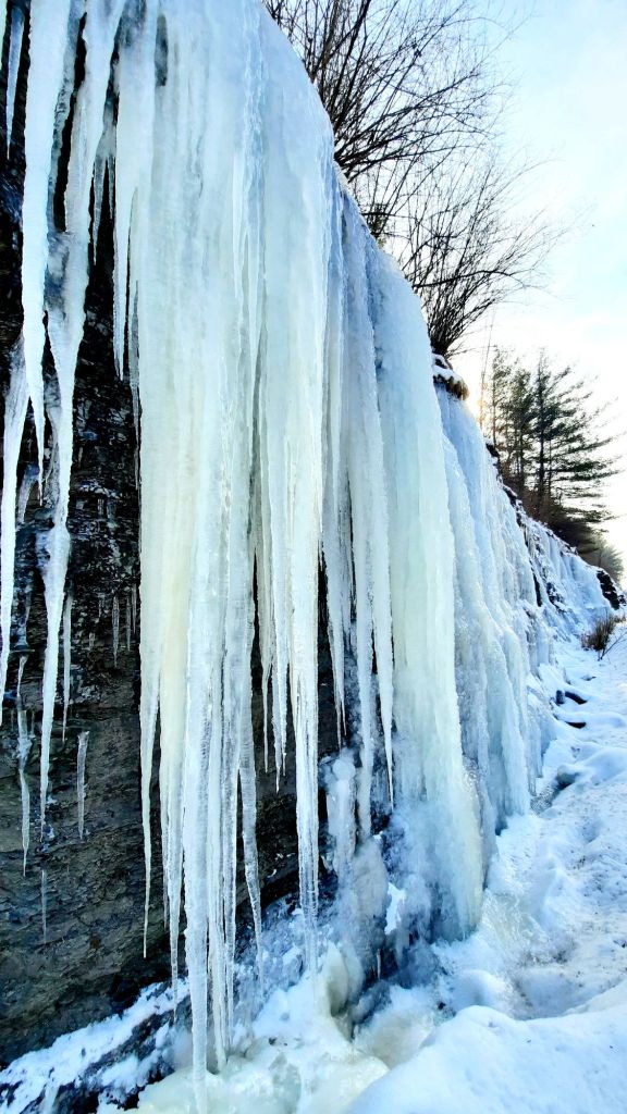 Icicles on a cliff face. Winter hiking in New York is a different kind of experience.