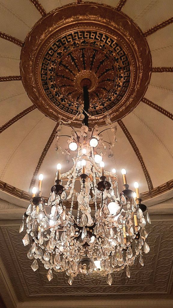 The Phelps Mansion chandelier in the ballroom is gorgeous, as well as the intricate ceiling.