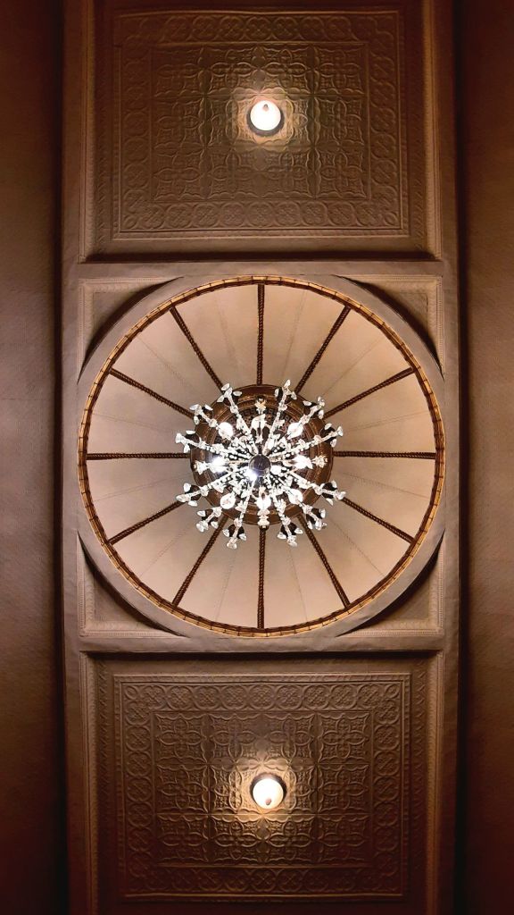 View from directly below the ballroom chandelier - Phelps Mansion Museum in Binghamton, NY