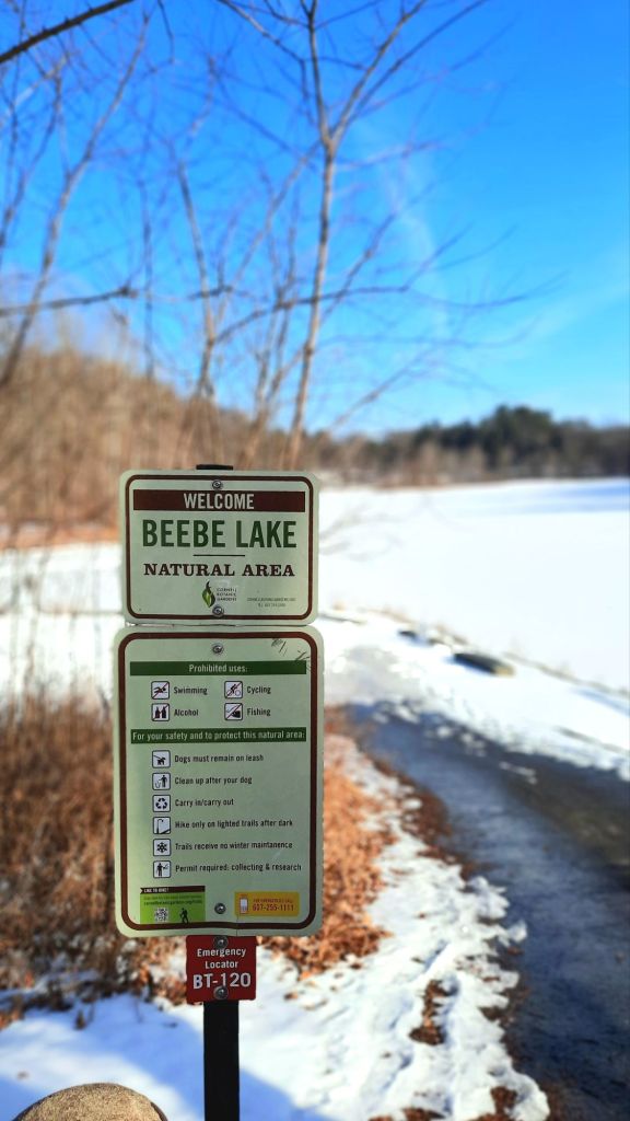 The sign to Beebe Lake Natural Area, the snowy frozen lake in the background - Cornell University campus Ithaca NY February 2025
