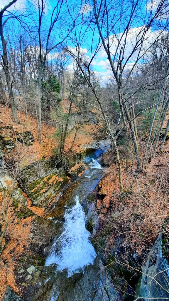 View of waterfalls on the other side. Black Diamond Trail Ithaca ny