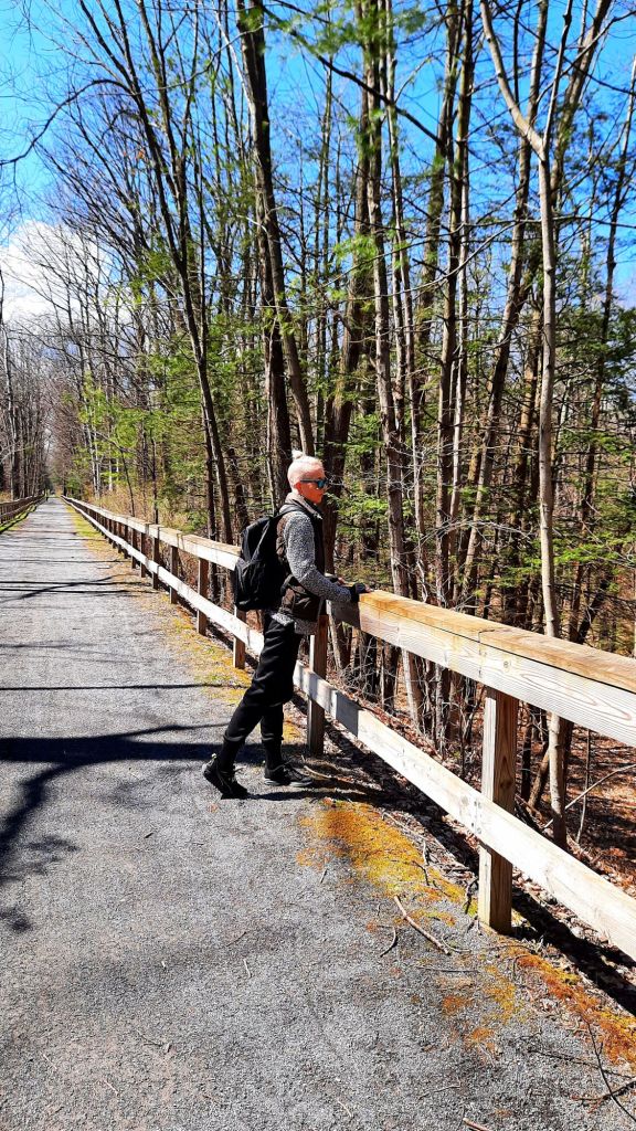 The BDT is an excellent flat trail for walking and riding bikes, and even cross country skiing in the winter. -- Kae Audhild hiking the Black Diamond Trail in Ithaca ny