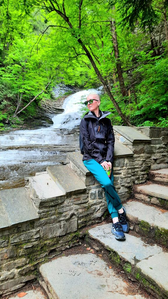 Kae Audhild, travel blogger, taking a quick break at the Buttermilk Falls overlook before climbing more stairs.
Fun fact:
Buttermilk Falls, aka the main set of waterfalls, is 165ft tall.