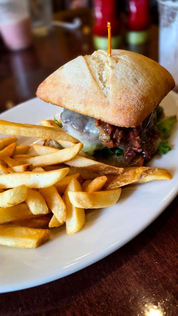 Strawberry Bacon Jam Burger w/ french fries -- sweet & savory 1/2 lb burger w/ greens, cheddar, strawberry bacon jam 
