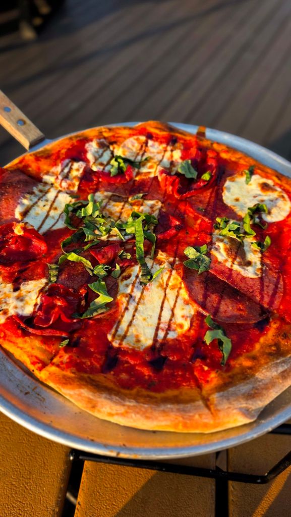 The Naples pizza - tomato sauce, Buffalo, NY-souced soppressata, hot capicola & pepperoni, fresh mozzarella, basil, balsamic reduction. - factory by Beer Tree Brew