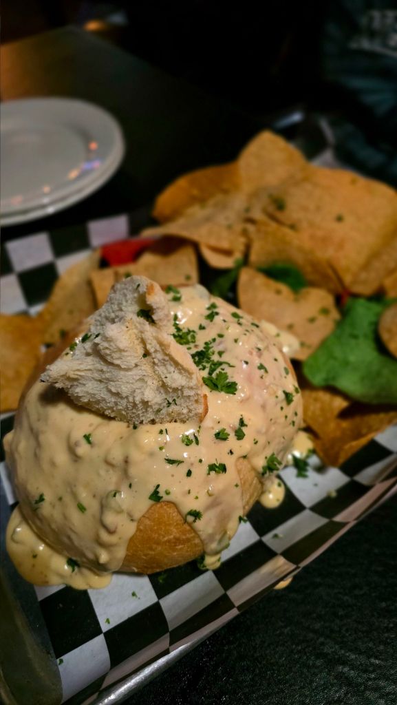Gouda Bread Bowl - homemade smoked gouda fondue with onions and peppers, served in a warm bread bowl, with tortilla chips. Sorry city pub and grill Binghamton new York restaurants