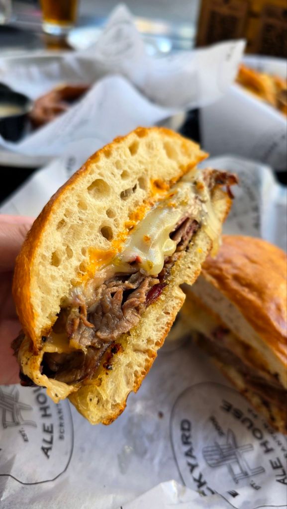 Brisket Sammie - smoked brisket, pepper jack cheese, caramelized onion, chipotle aioli, National Bakery ciabatta backyard Ale House Scranton Pennsylvania