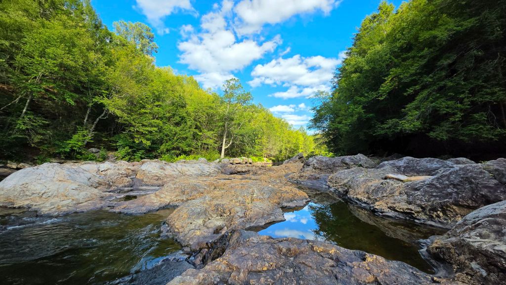 View looking upstream at the Haystacks geological rock formation in Dushore, Pennsylvania