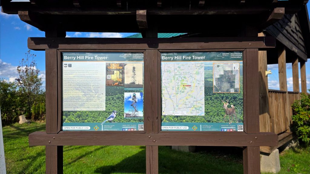 Berry hill fire tower in Norwich, New York info sign - Finger Lakes FLX NY 