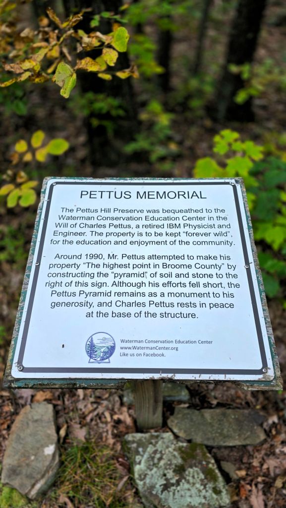 Charles Pettus memorial sign at Pettus Hill Preserve in Windsor NY