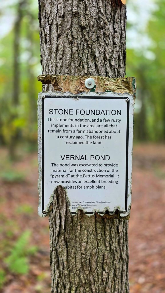 Stone foundation and vernal pond info sign at Pettus Hill Preserve in Windsor, NY