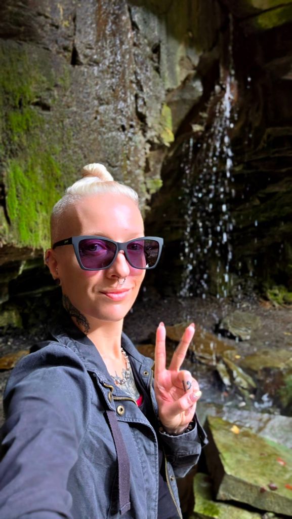 Kae Audhild waterfall selfie at Great Gully in Union Springs, NY - central New York hikers 