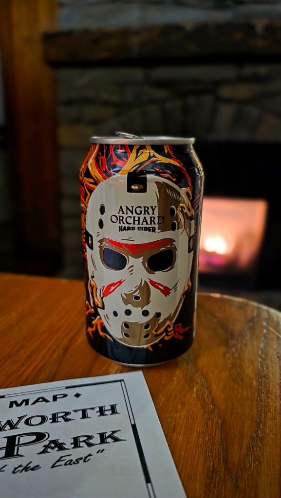 Limited Jason Voorhees Angry Orchard blood orange hard cider by the fireplace in a rented cabin at Letchworth State Park