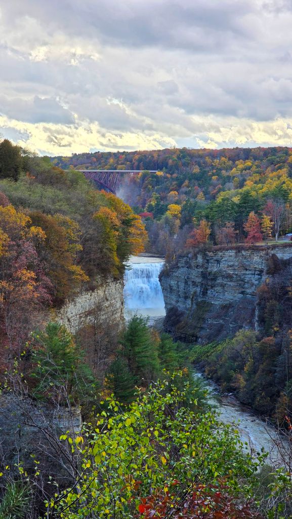 View of the middle Falls from inspiration point at Letchworth State Park during autumn peak foliage October 2025