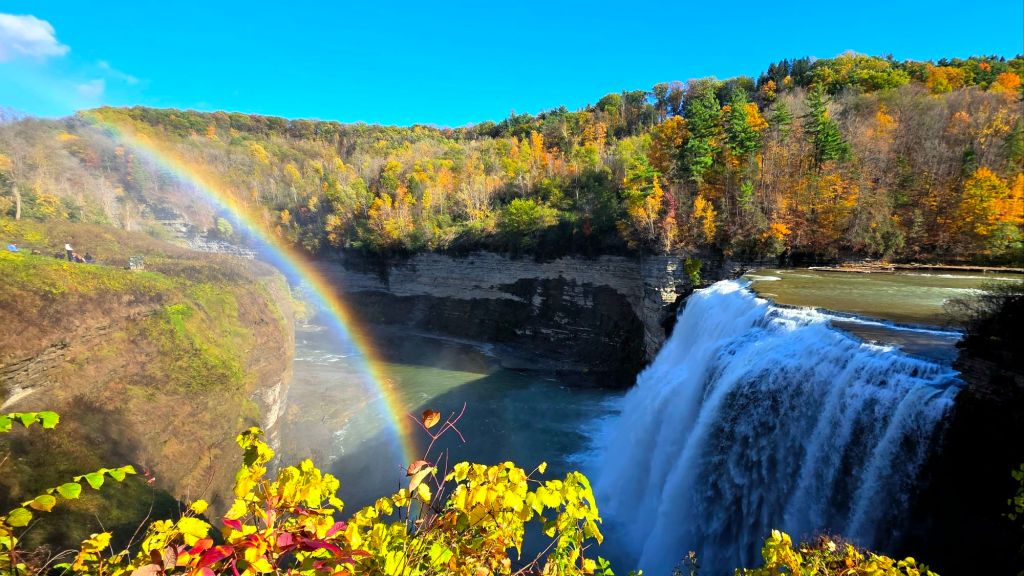Letchworth State Park middle falls with rainbow October 2025 peak autumn foliage