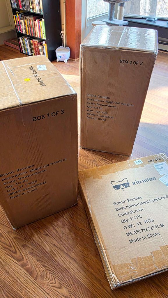 The Xiamiao Magic Forest Cat Tree Tower is shipped in 3 big, heavy boxes