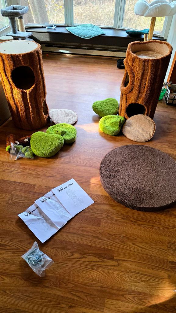 Xiamiao Magic Forest Cat Tree Tower in pieces, before being built - assembly required