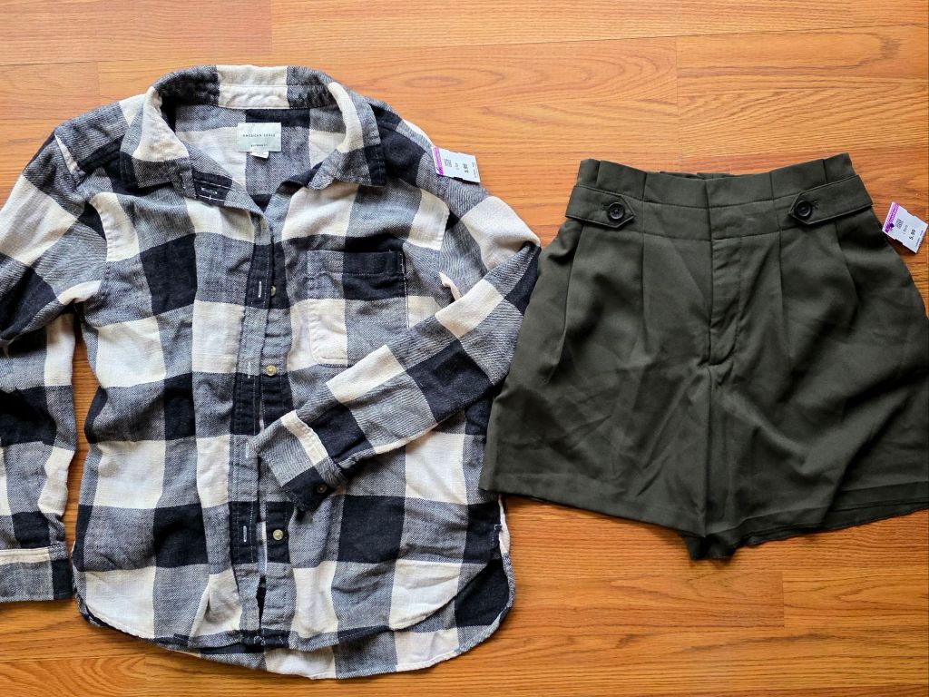 American Eagle plaid flannel shirt, black and white ($5.99), Banana Republic shorts, olive green ($5.99) 