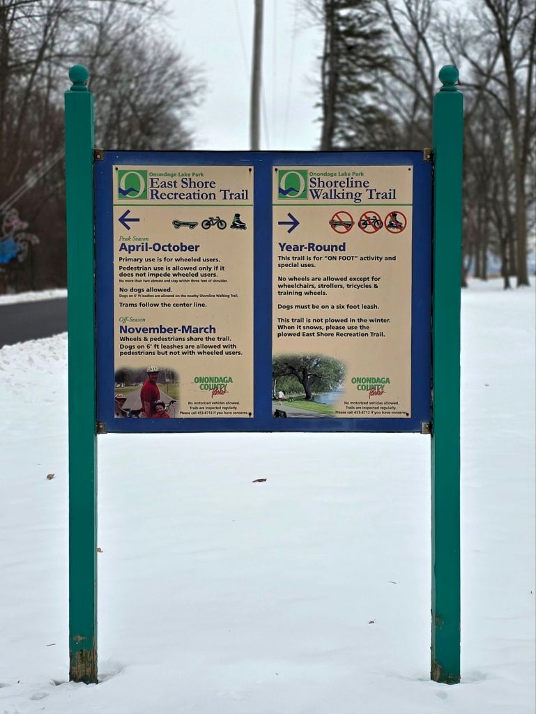 East Shore Recreation Trail and Shoreline Walking Trail info sign at Onondaga Lake in Liverpool, NY