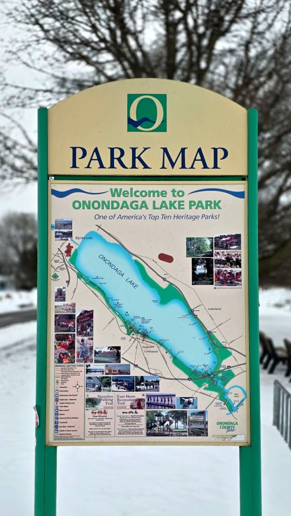 Onondaga Lake Park map sign in Liverpool, NY, outside Syracuse