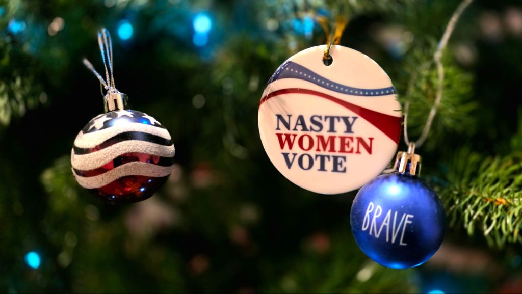 "Nasty women vote" - Broome County Democratic Committee tree at Home for the Holidays 2025 at Roberson Museum in Binghamton, NY