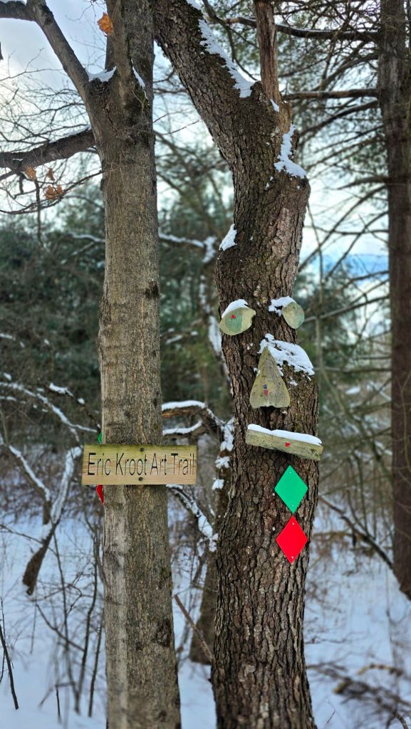 Eric Kroot Art Trail and tree with face at Lime Hollow Nature Center in Cortland NY 
