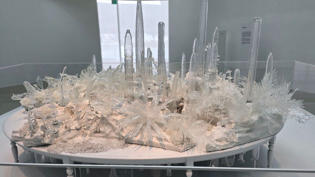 Clear white glass table at Corning Museum of Glass in Corning NY