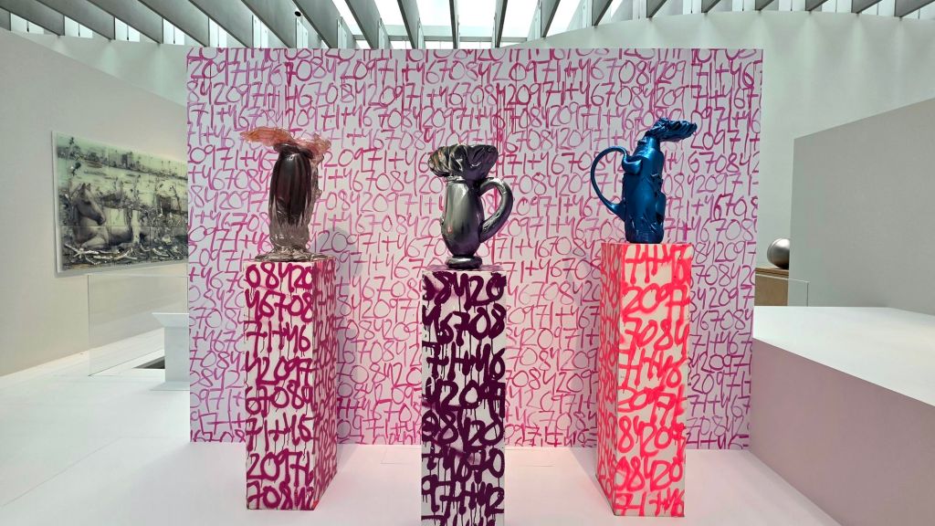 Bright graffiti pitcher display at Corning Museum of Glass in Corning NY