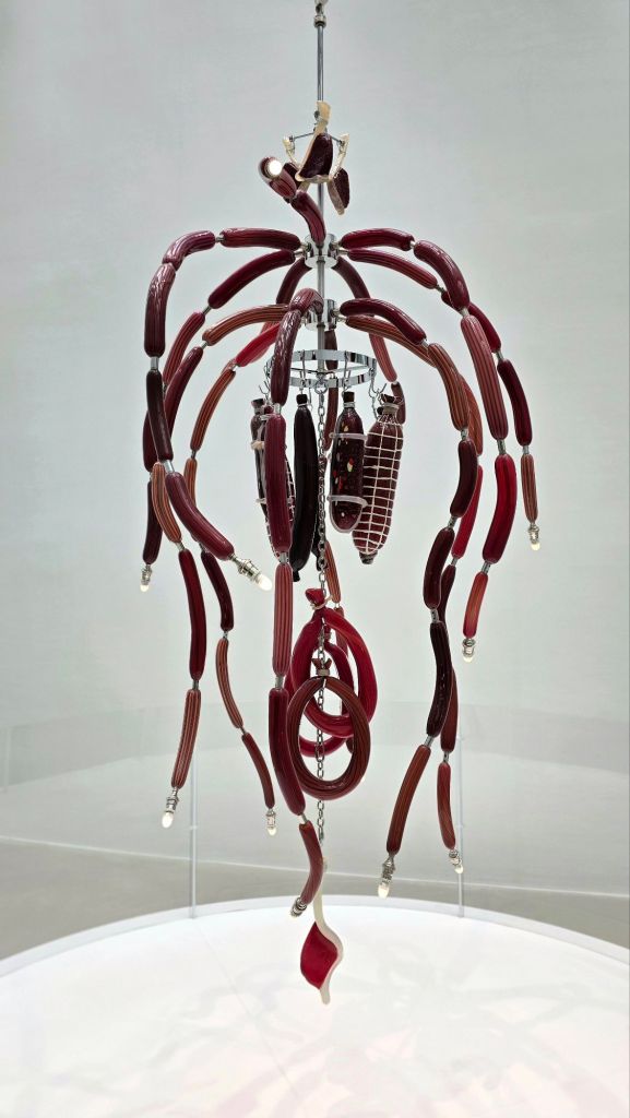 Hanging meats light fixture, weird glass art at Corning Museum of Glass in Corning NY