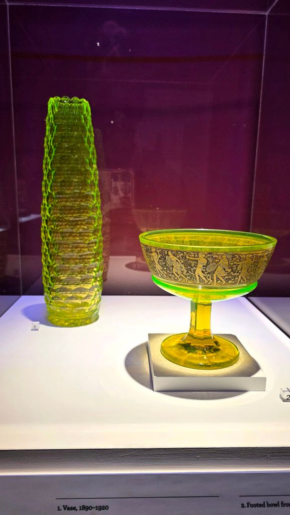 Uranium glass vase and footed bowl at Corning Museum of Glass in Corning NY - radioactive glass