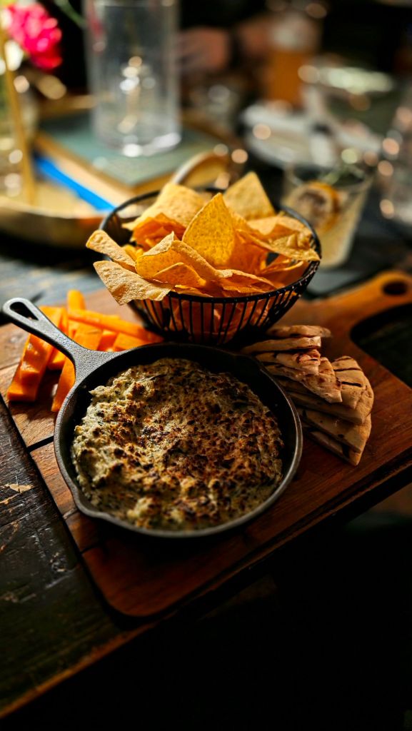 Pita and tortilla chips with spinach dip appetizer at 205 Dry in Binghamton NY - best restaurants in Binghamton area