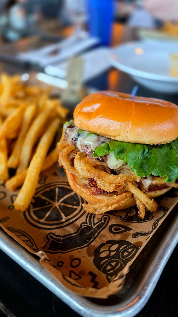 Factory Burger - 8oz Willet Hop & Grain burger, cheddar, bacon tomato jam, lettuce, onion tanglers, toasted brioche bun, served with a side of fries  - Factory by Beer Tree Brew in Johnson City, NY - best Binghamton area restaurants, Southern Tier NY eats 