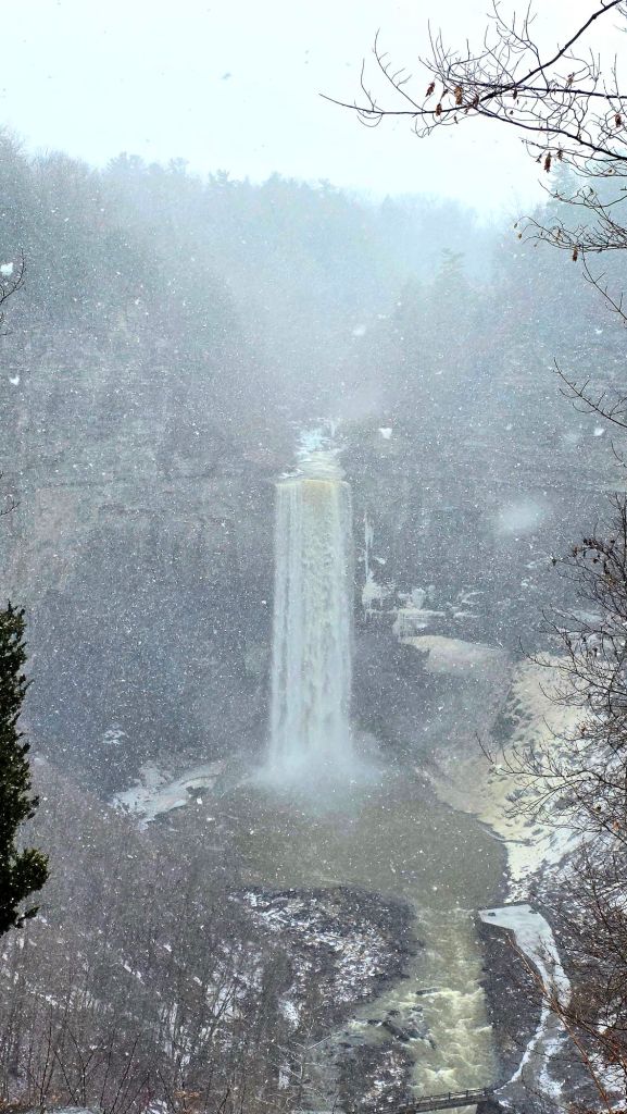Snowfall at Taughannock Falls in winter, with the tall waterfall framed by bare trees, icy cliffs, and drifting snow in the Finger Lakes region of New York.