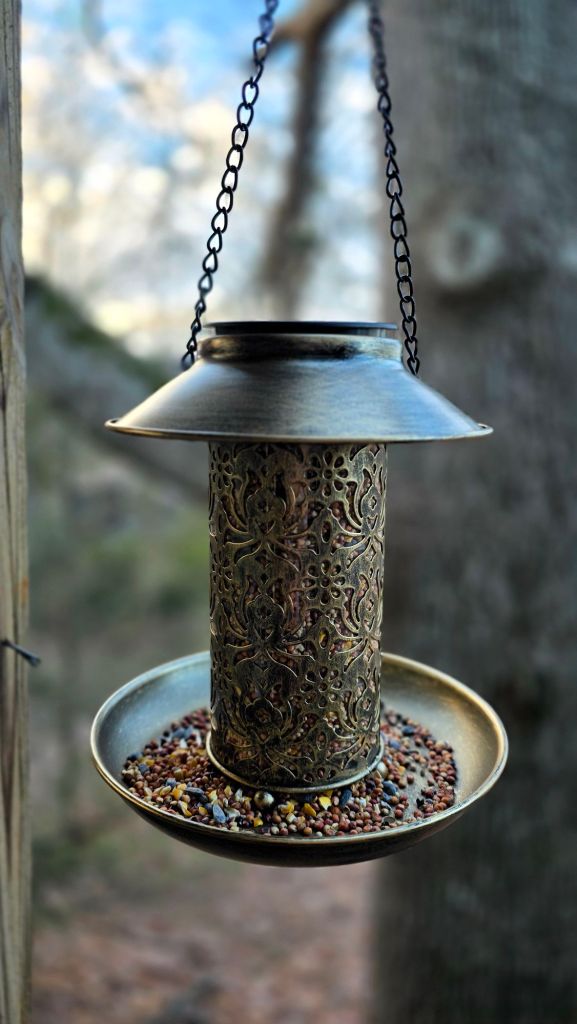 Solar hanging metal bird feeder filled with mixed bird seed and hanging outdoors on a deck
