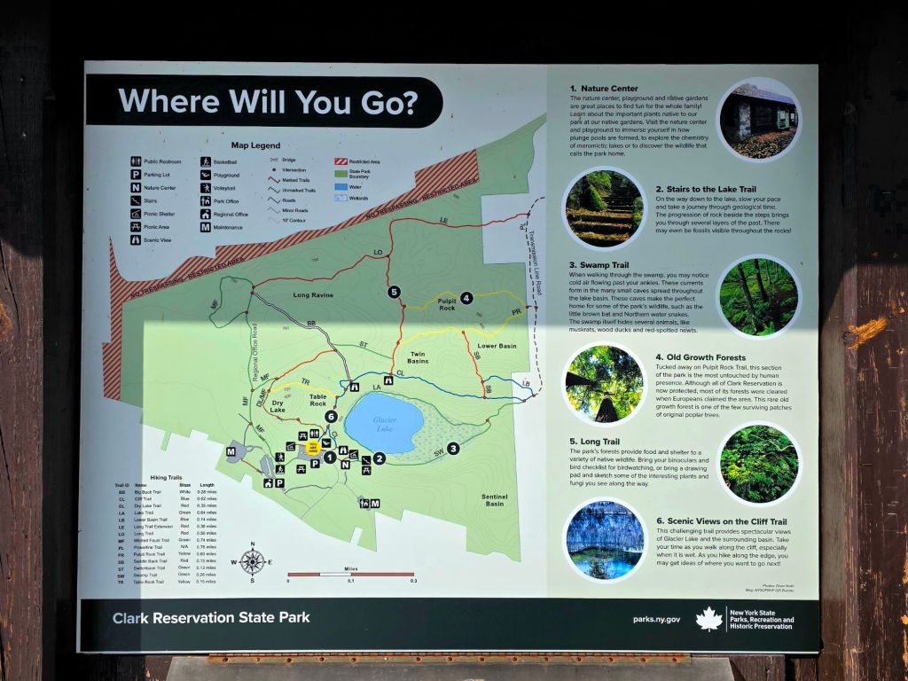 Clark Reservation State Park trail map in Jamesville, NY, highlighting winter hiking routes, Glacier Lake, cliff trails, and forest paths in Upstate New York. Perfect for planning scenic hikes and nature trips.